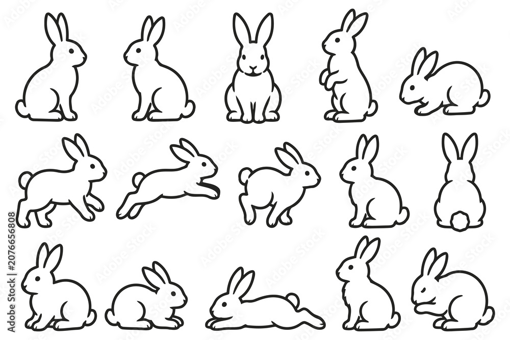 Obraz premium Set of cute bunny rabbit line art drawings Vector