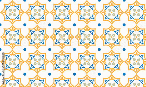 seamless pattern with tile flowers and leaves blue and yellow 