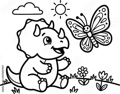 Cute Baby Triceratops and Butterfly Coloring Page