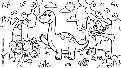 Cute Friendly Dinosaur with Forest Animals Coloring Page for Kids