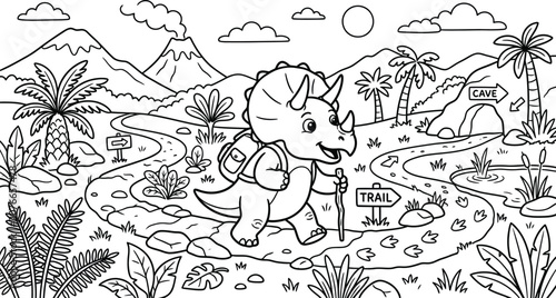 Cute Baby Triceratops Hiking Adventure Coloring Page