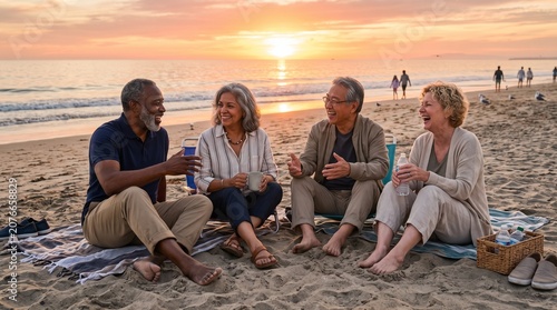 Joyful Retirement on the Shore: Four smiling, diverse senior friends enjoy a golden hour beach gathering, sharing drinks and laughter on a blanket as the sun sets over the ocean.