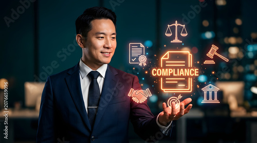 Business Compliance Concept With Corporate Lawyer Holding Digital Legal Icons for Risk Management and Governance