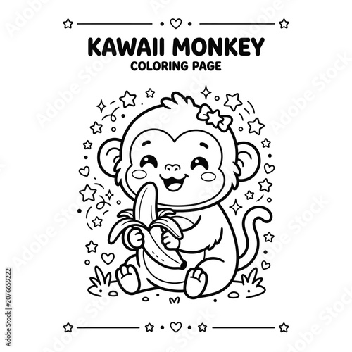 Kawaii monkey holding banana, coloring page outline