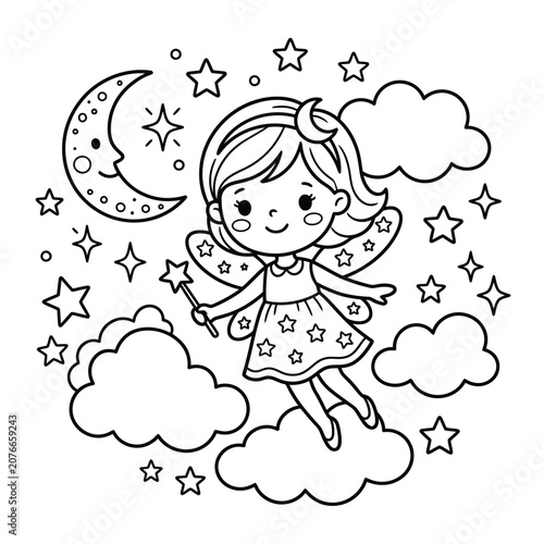 Little moon fairy with stars and clouds girl wings desig