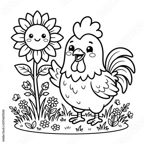 Rooster standing beside sunflower and grass in line style chicken bird
