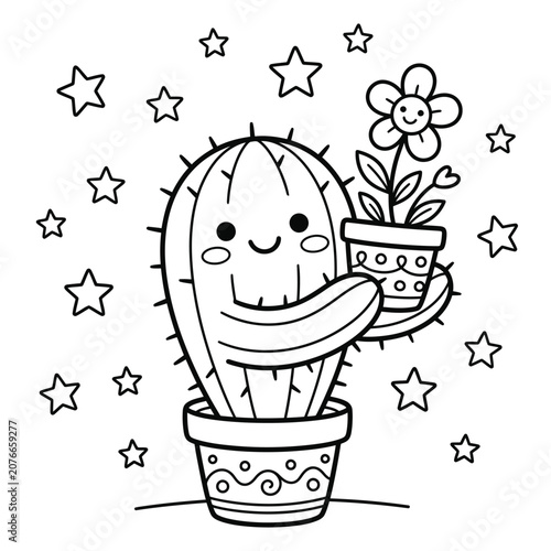 Smiling cactus holding a flower pot with a blooming flower, stars background, plant smile