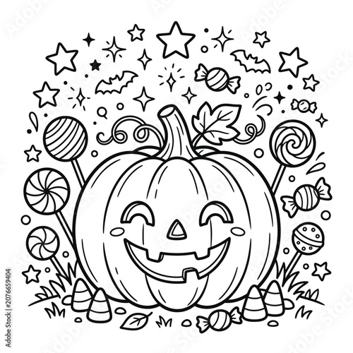 Smiling jack-o'-lantern with candy, stars, and bats pumpkin smile lollipop