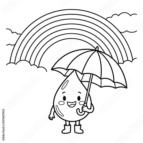 Smiling raindrop holding umbrella under rainbow smile clouds