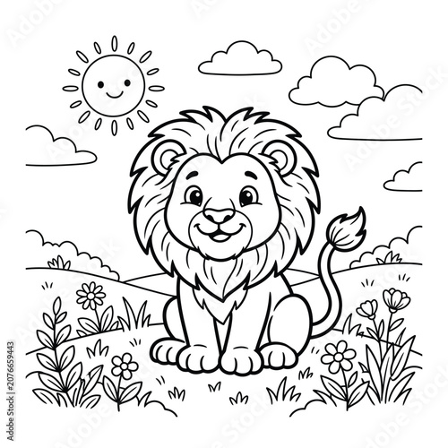 Smiling lion sitting in a sunny meadow with flowers and clouds grass