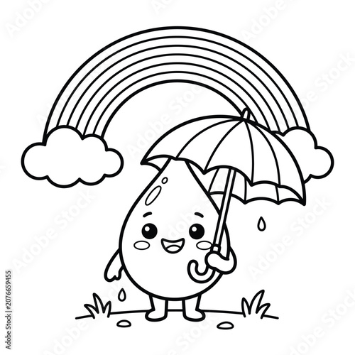 Smiling raindrop with umbrella under rainbow cloud smile