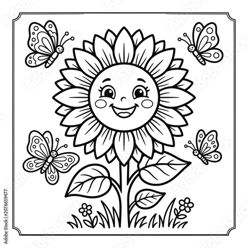 Smiling sunflower with butterflies in black and white line face petals