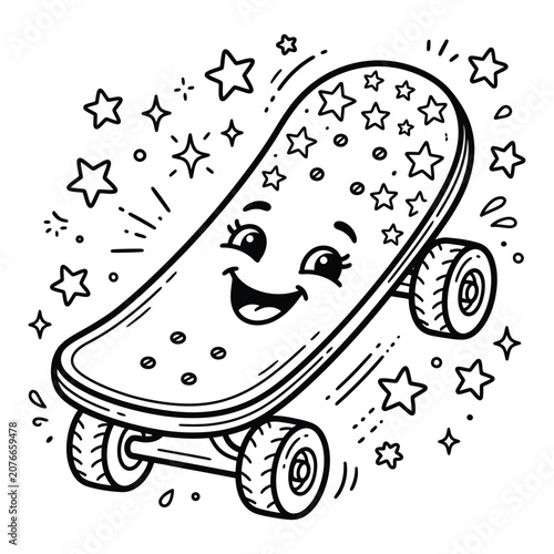 Smiling skateboard with star decorations, black and white line wheels smile happy stars