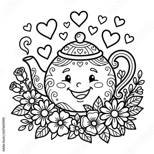 Smiling teapot with flowers and hearts, black and white line daisies