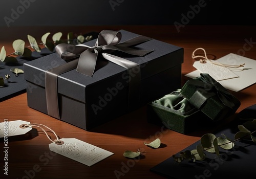 Assorted black gift boxes with ribbons and paper tags.