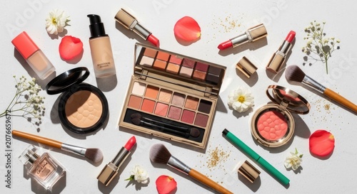 Assorted cosmetics collection with eyeshadow palettes on white background.