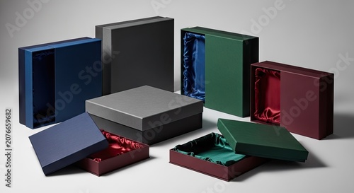 Assorted open and closed premium colorful gift boxes