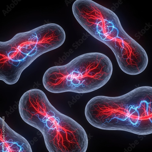 Bacteria cells with glowing red internal structures.