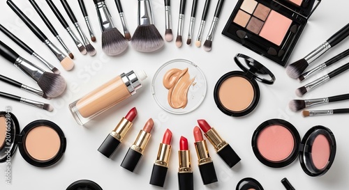 Beauty flat lay with cosmetics and makeup tools.