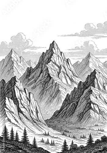 Black and white engraving of mountains and forest.