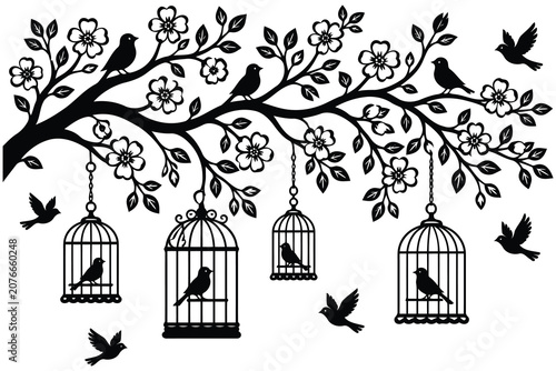 Black silhouette of birds in cages on a flowery tree branch Vector