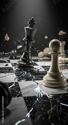 Black chess king shattering under electric lightning effect.
