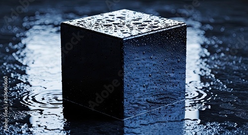 Black cube in water with ripples.