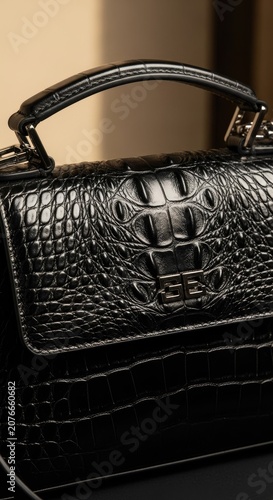 Black embossed crocodile leather designer handbag