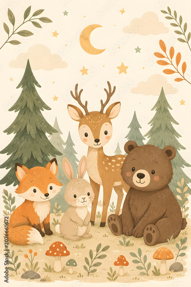Naklejka premium Woodland Animals Nursery Poster