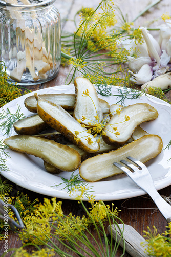 Pickled cucumbers with dill flowers, garlic, and horseradish, cut in half, on a plate, close-up. 