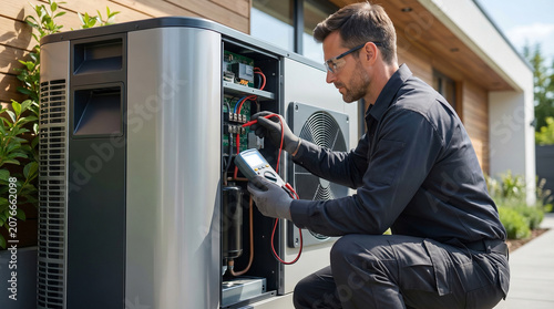 Professional HVAC technician inspecting a modern energy-efficient outdoor heat pump unit with a digital tool. Sustainable home climate control and maintenance concept.