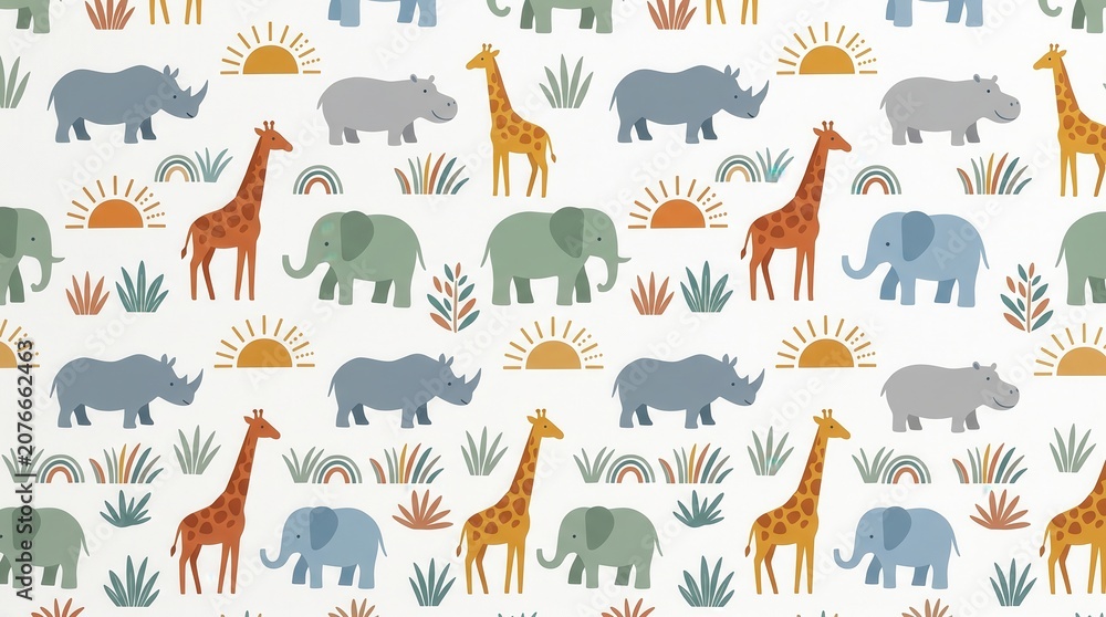 Obraz premium Repeating cheerful cartoon safari animals: giraffes, elephants, rhinos, hippos