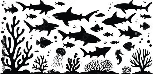Photography Black silhouettes of sharks fish jellyfish seahorses and coral on a white backgr