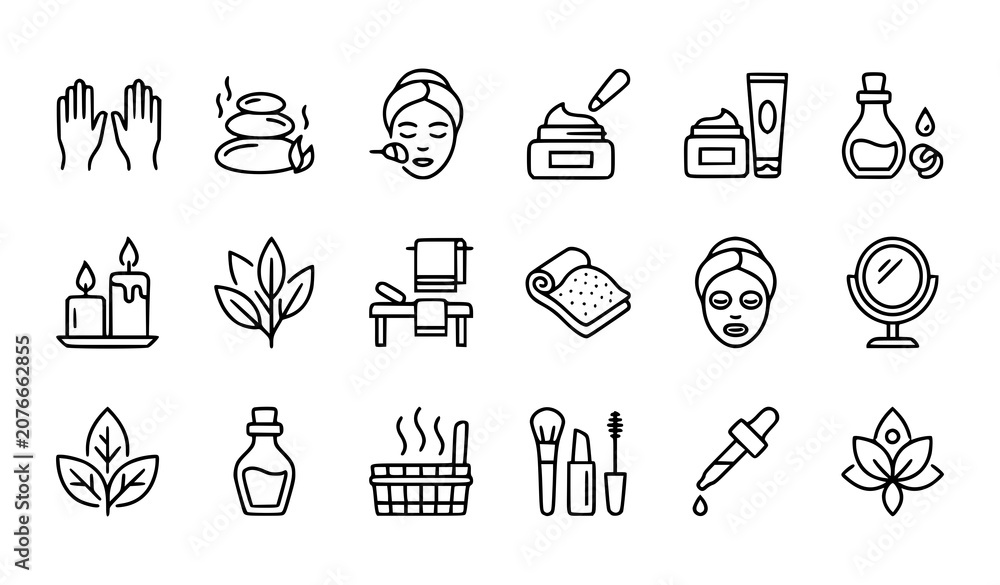 Fototapeta premium Spa and Beauty Treatment Line Art Icon Set with Face Mask, Candle, Massage, Aromatherapy, Makeup, Mirror, and Skincare Symbols for Wellness and Salon Design Projects