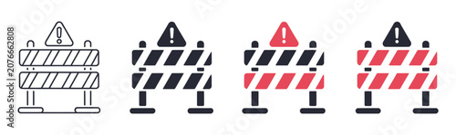 Konstfotografi Road construction icon set, vector illustration featuring safety barriers, striped warning barricades, site protection signs, traffic control, work zone hazard safety design elements