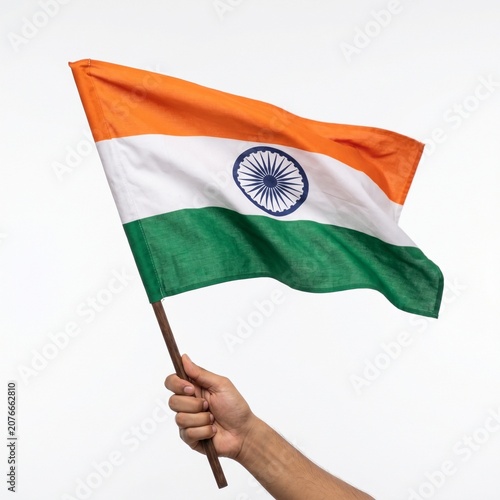 Indian National Flag Waving in Hand with Detailed Fabric Texture, Patriotic Tricolor Banner Held Aloft, Symbol of India, National Pride and Freedom, Isolated on White Background