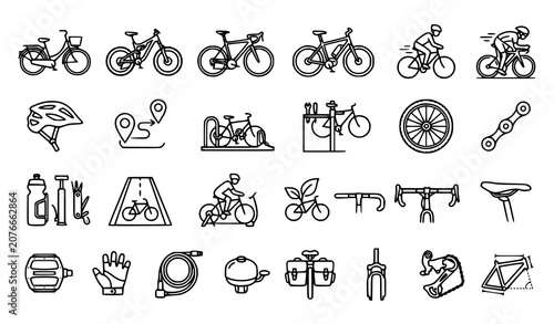 Tableau sur toile Bicycle and Cycling Line Art Icon Set with Bike, Helmet, Wheel, Route, Repair, G