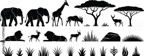 Canvas Print Collection of black silhouettes of African safari animals trees and grass on a w