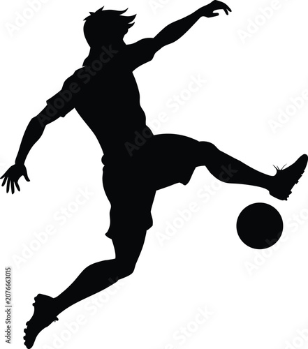 A dynamic black silhouette of a soccer player kicking a floating ball