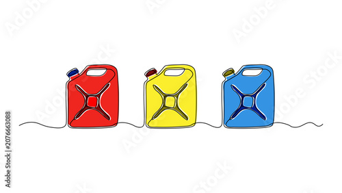 three jerry cans.Continuous line drawing of a classic jerrycan on a white background, simple sketch, fuel storage concept, transport energy, minimalist art