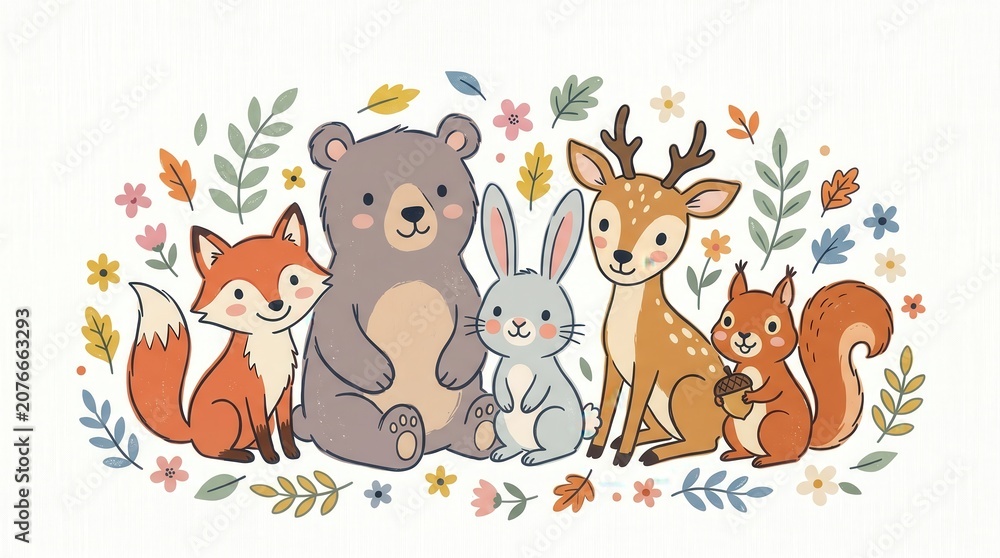 Fototapeta premium Cartoon fox, bear, rabbit, deer, and squirrel pose among fall leaves and colorful flowers