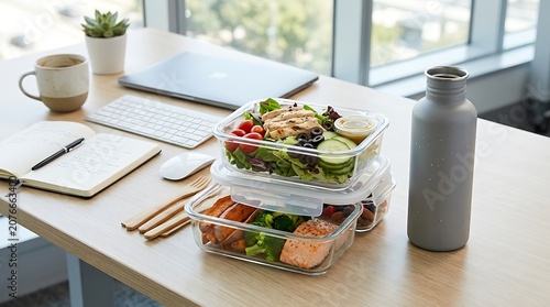 Healthy office lunch, meal prep containers, desk food storage, clear plastic containers