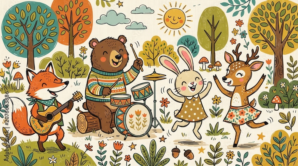 Fototapeta premium A joyful fox plays guitar while a bear drums and a bunny and deer dance in a sunny forest