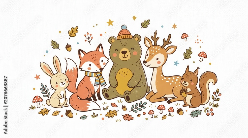 Fototapeta premium Woodland animals including a rabbit, fox, bear, deer, and squirrel gather among autumn leaves