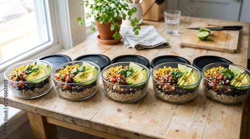 Vibrant quinoa bowls, healthy food, colorful salad bowls, kitchen table setting