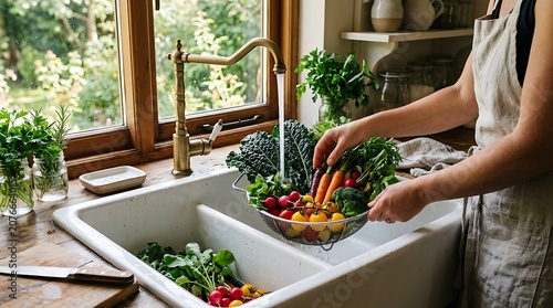 Woman washing vegetables, kitchen sink with fresh produce, healthy eating, organic food