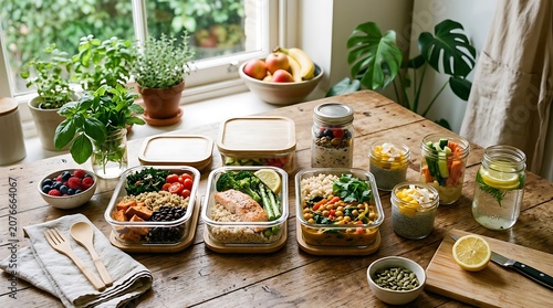 Healthy meal prep containers, fresh food storage, kitchen organization, wooden table setting