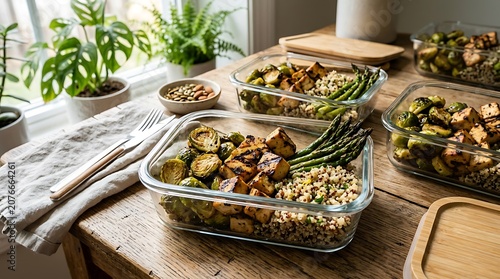 Glass meal prep containers, healthy food, vegetables, kitchen organization, meal planning