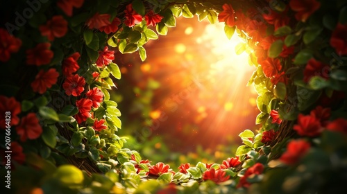 Magical secret garden background with red geranium flowers frame and golden sunbeams