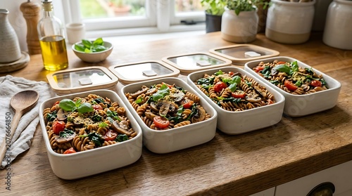 Healthy meal prep containers, colorful salads, kitchen organization, food storage